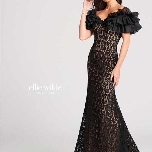 Ellie wilde Mon Cheri black ruffle lace off shoulder elegant dress beading lined - Picture 5 of 12